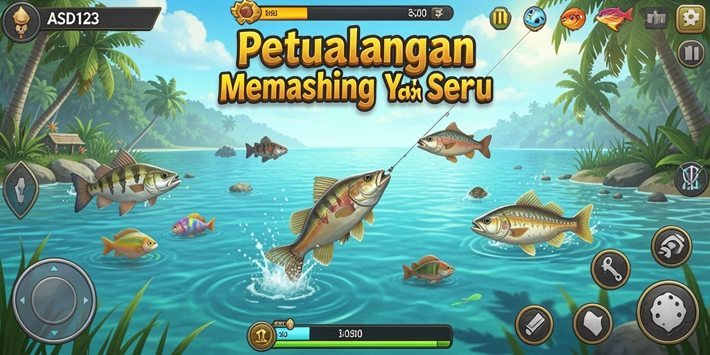 Screenshot gameplay menunjukkan aksi seru memancing di laut.