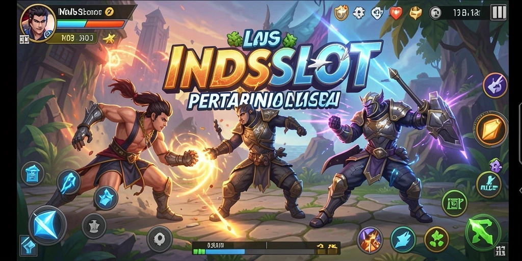 Tampilan gameplay seru dengan karakter bertarung di arena.