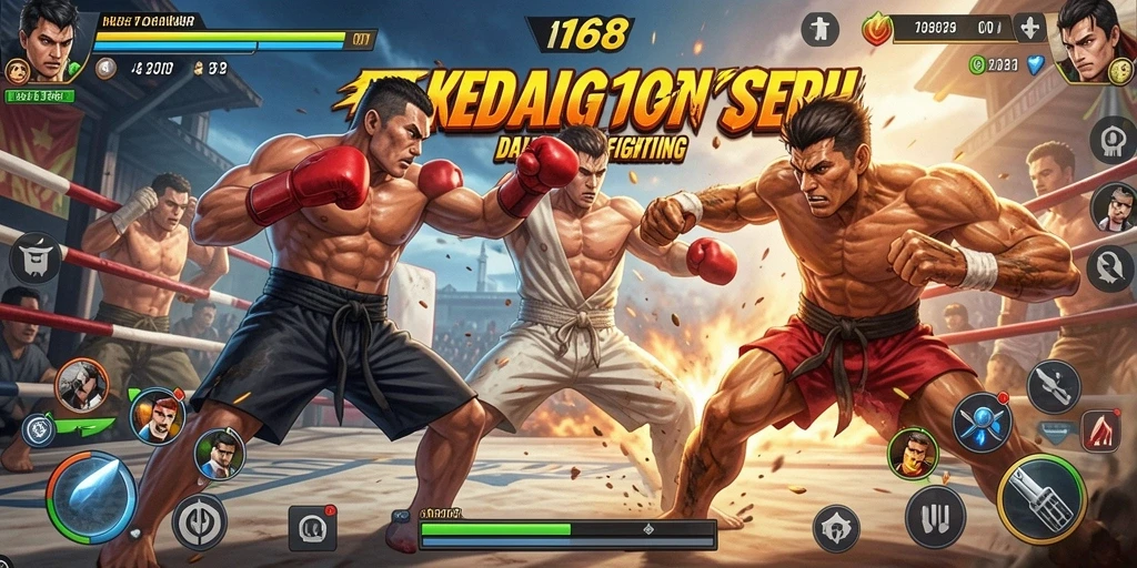 Screenshot KEDAI168 menunjukkan pertarungan seru antara karakter dalam aksi.