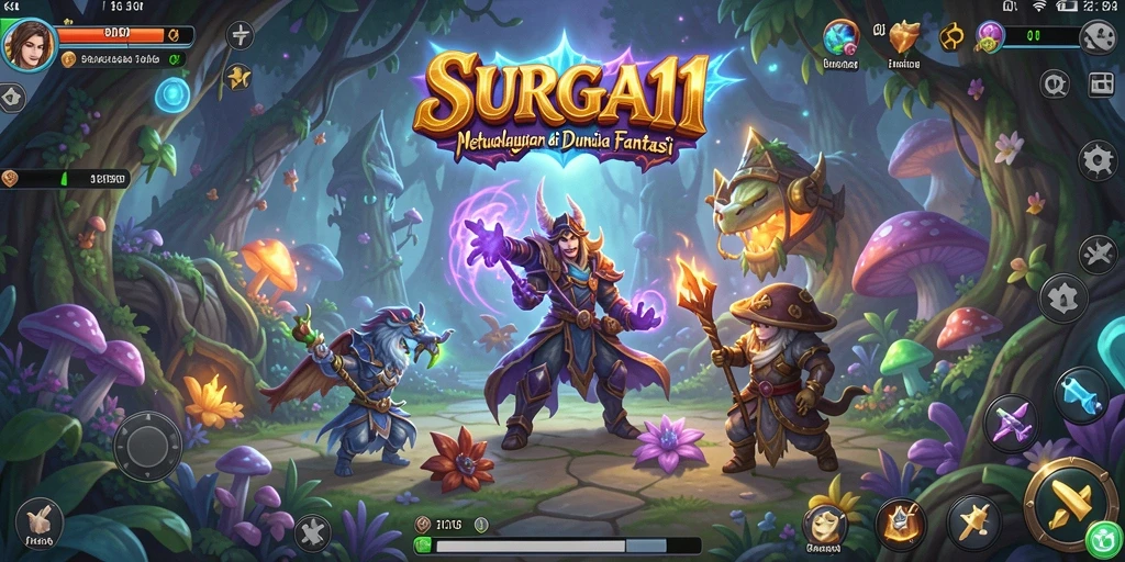 Screenshot gameplay SURGA11 menampilkan pertempuran epik di dunia fantasi.